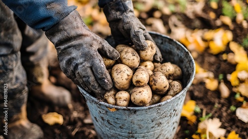 Farmer hands harvesting potatoes in a bucket. AI generated image