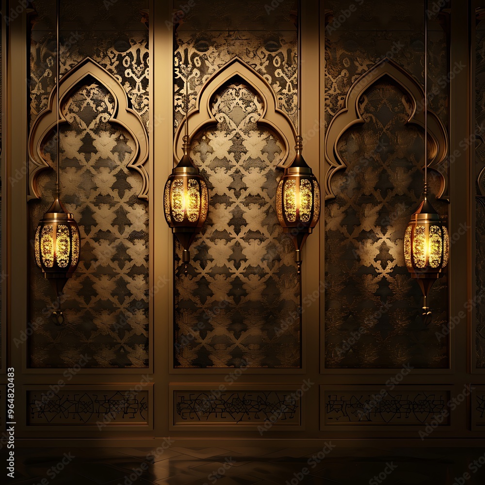 Golden Islamic Lantern Wall with Intricate Design Golden Islamic Lantern Wall with Intricate Design