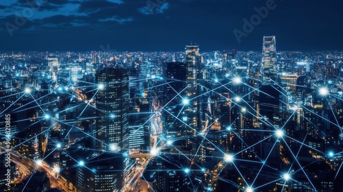 Cityscape at Night with Network Connections