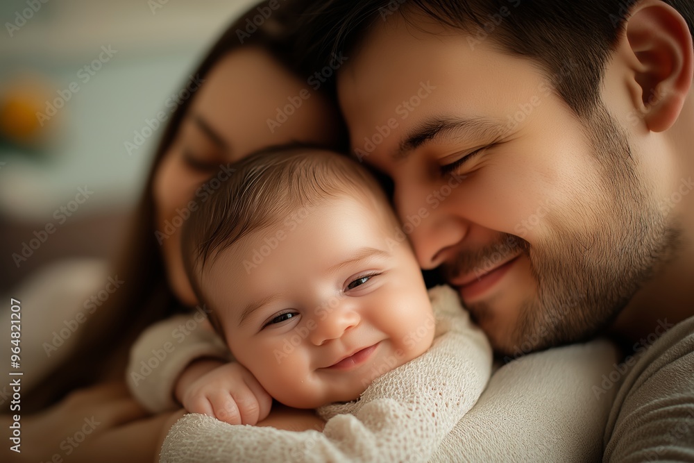 A family of three, parents and a baby, sharing a warm and loving embrace, capturing the essence of happiness. A family of three, parents and a baby, sharing a warm and loving embrace, capturing the essence of happiness.