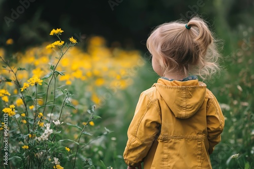 A young blond child wearing a bright yellow jacket standing amidst a field of yellow flowers, exuding innocence and joy.