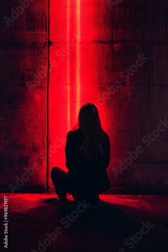 A person in a dim area kneeling before a vertical, intense red light beam against a textured wall. photo