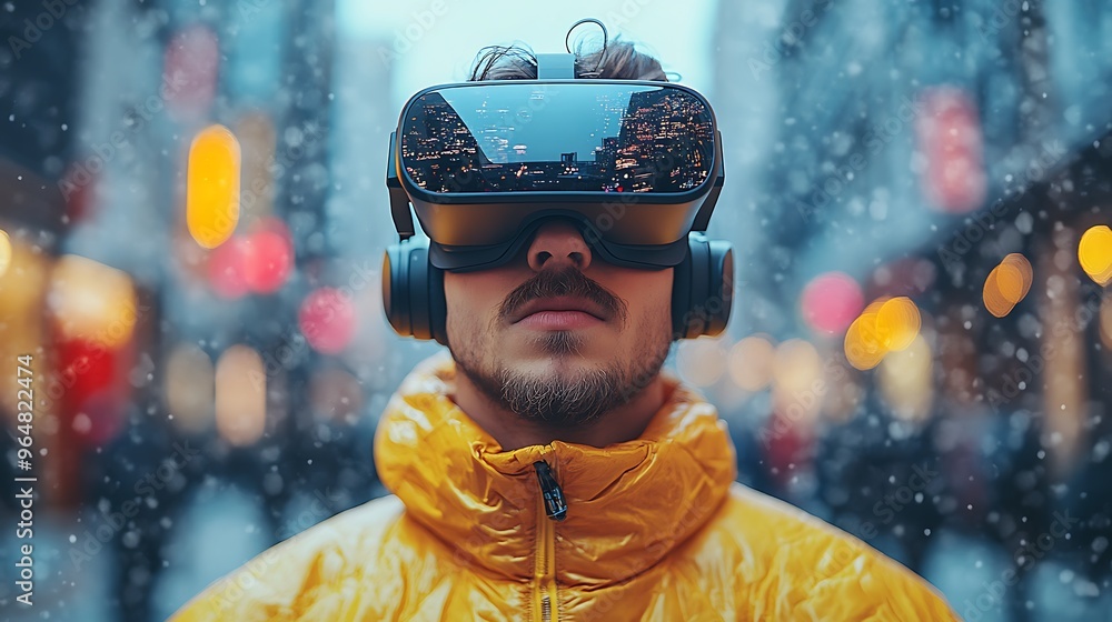 Man wearing VR headset in snowy city.