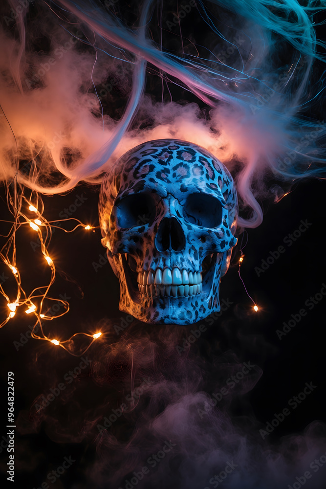 A vibrant leopard-patterned skull with glowing lights and swirling smoke against a dark backdrop during nighttime A vibrant leopard-patterned skull with glowing lights and swirling smoke against a dark backdrop during nighttime