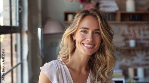 Positive Blond long hair woman at home