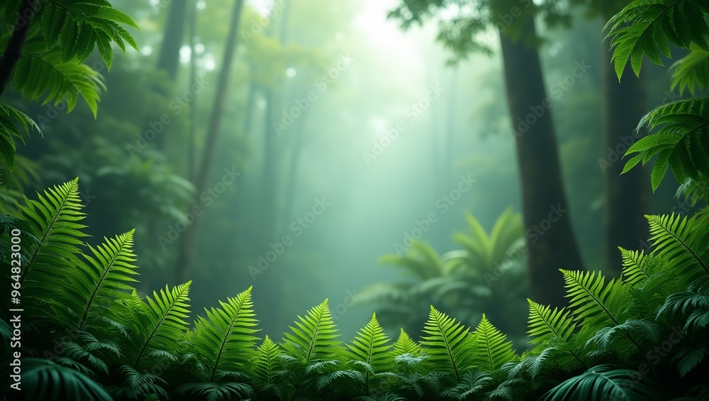 Vibrant green fern leaves frame a misty forest scene in high resolution Tropical rainforest with bokeh background adds depth Vibrant green fern leaves frame a misty forest scene in high resolution Tropical rainforest with bokeh background adds depth