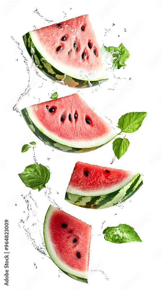 watermelon slices with water splashes and basil leaves. watermelon slices with water splashes and basil leaves.