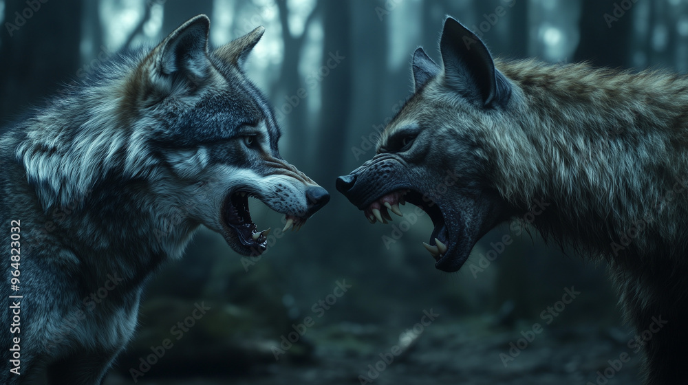 Fototapeta premium Intense Standoff Between Wolf and Hyena in Dark Forest