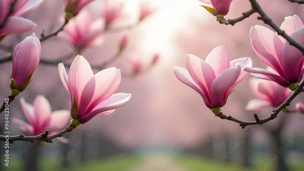 Fototapeta premium Elegant magnolia branches with pink blossoms against a city park background featuring a soft bokeh effect in the center Sharp focus and high resolution