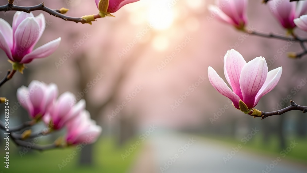 Elegant magnolia branches with pink blossoms against a city park background featuring a soft bokeh effect in the center Sharp focus and high resolution Elegant magnolia branches with pink blossoms against a city park background featuring a soft bokeh effect in the center Sharp focus and high resolution