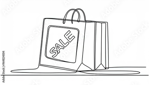 Continuous one line drawing of paper bag with the  sale word  photo