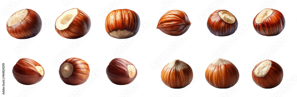 Fresh hazelnuts in various angles and cuts, showcasing their rich texture and color. Fresh hazelnuts in various angles and cuts, showcasing their rich texture and color.