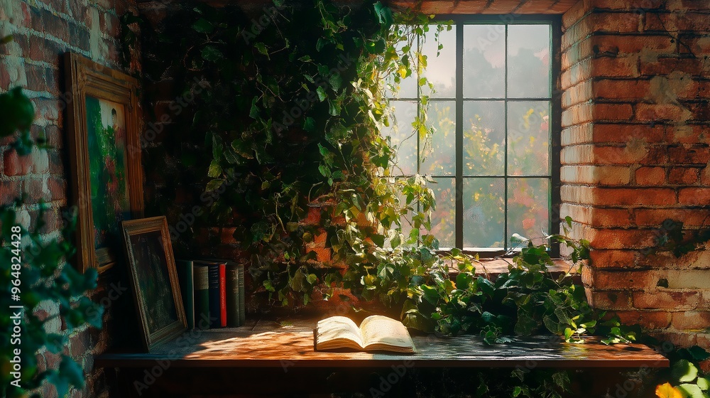 Fototapeta premium interior of brick house with plants on wall