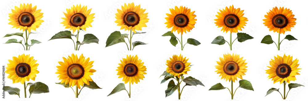 Bright and vibrant sunflowers with green leaves arranged in grid pattern, showcasing their cheerful yellow petals and dark centers. Bright and vibrant sunflowers with green leaves arranged in grid pattern, showcasing their cheerful yellow petals and dark centers.