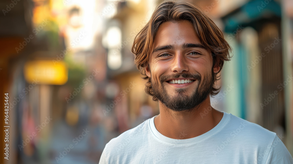 Bearded man with shoulder-length hair smiling warmly, standing in a vibrant urban street, representing casual modern style and confidence in a lively city setting Bearded man with shoulder-length hair smiling warmly, standing in a vibrant urban street, representing casual modern style and confidence in a lively city setting