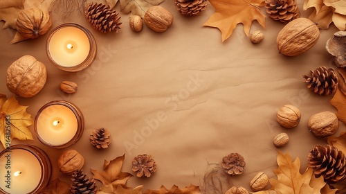 christmas composition with golden frame, candle and pine cones