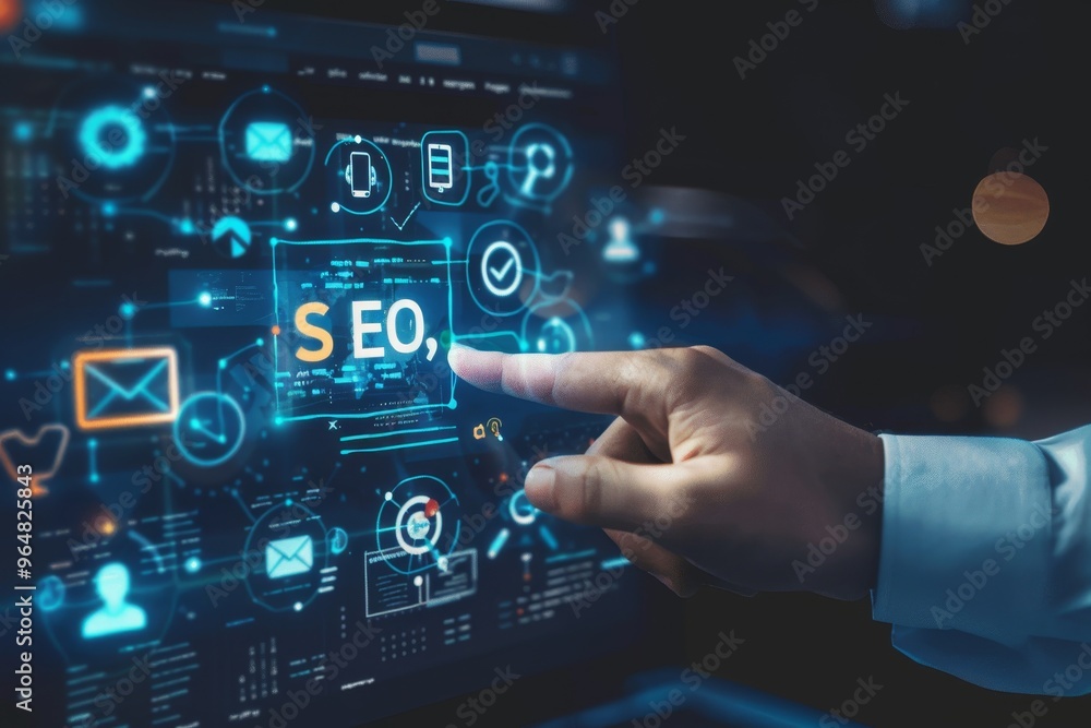 A person’s hand is reaching towards a glowing digital display filled with SEO metrics and interconnected data points, emphasizing modern analytics in a dimly lit environment. A person’s hand is reaching towards a glowing digital display filled with SEO metrics and interconnected data points, emphasizing modern analytics in a dimly lit environment.