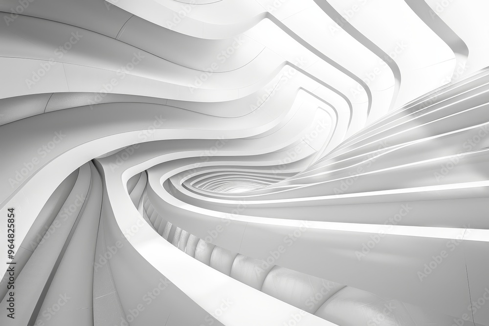 Fototapeta premium A sleek, modern architectural interior features flowing white curves that create an optical illusion of depth and movement through the hallway.
