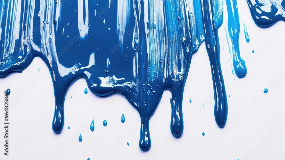 Naklejka premium Close-up of Dripping Blue Paint on White Background with Glossy Finish