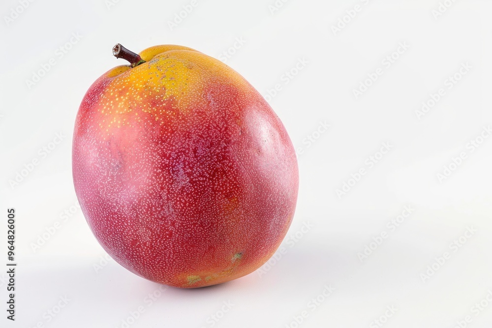 A juicy red and yellow mango sits on a white surface, ready for eating or display A juicy red and yellow mango sits on a white surface, ready for eating or display