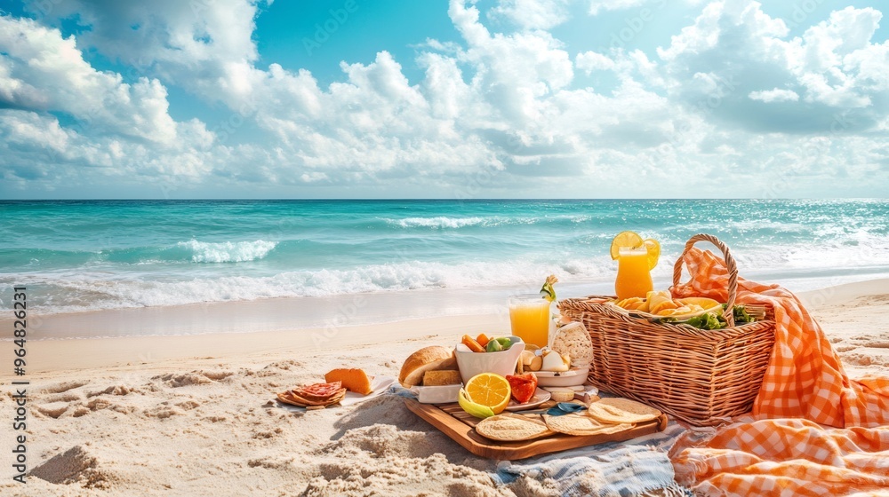Obraz premium A picnic basket with orange juice and snacks on the beach.