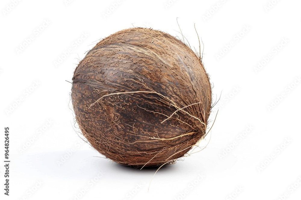 A single coconut sits on a clean white surface, ideal for food or decorative uses A single coconut sits on a clean white surface, ideal for food or decorative uses