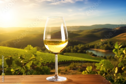 Wine glass with poured white wine and vineyard landscape of sunshine 