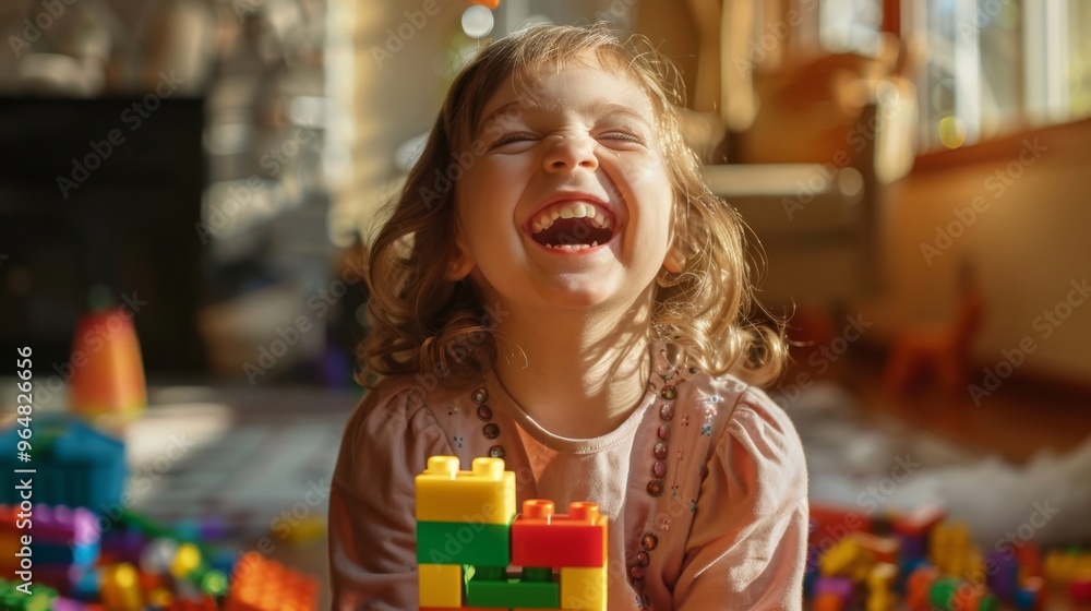 Joyful girl playing with colorful building blocks, giggling in a sunny room filled with toys and creativity. Joyful girl playing with colorful building blocks, giggling in a sunny room filled with toys and creativity.