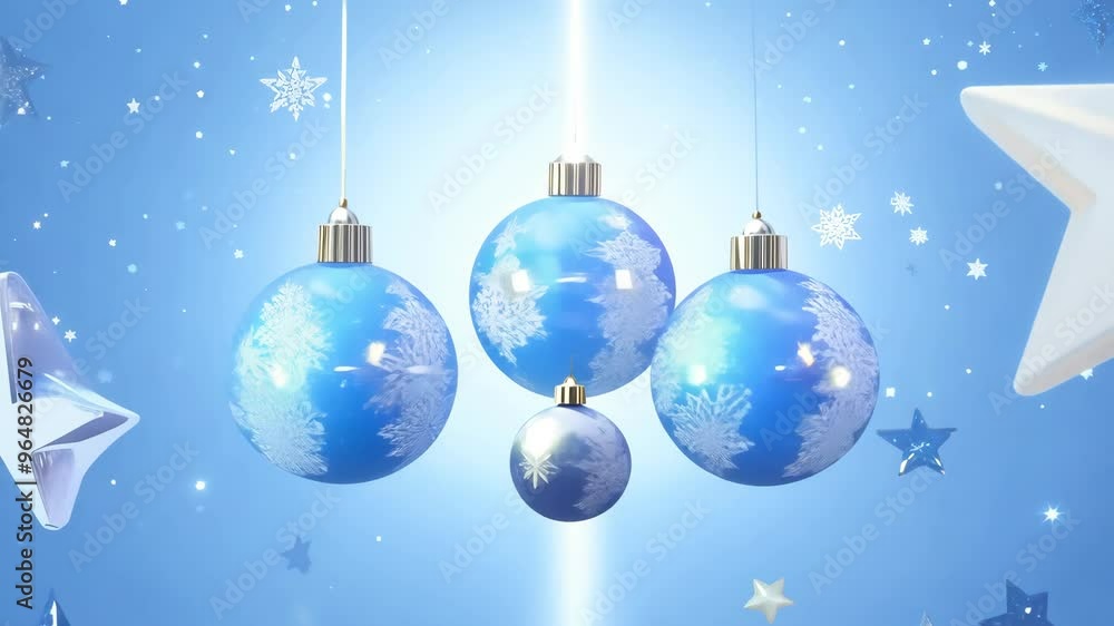 The camera zooms in on a twinkling cluster of stars that gradually reveal themselves as abstract Christmas ornaments floating against a festive blue backdrop
. The camera zooms in on a twinkling cluster of stars that gradually reveal themselves as abstract Christmas ornaments floating against a festive blue backdrop
.