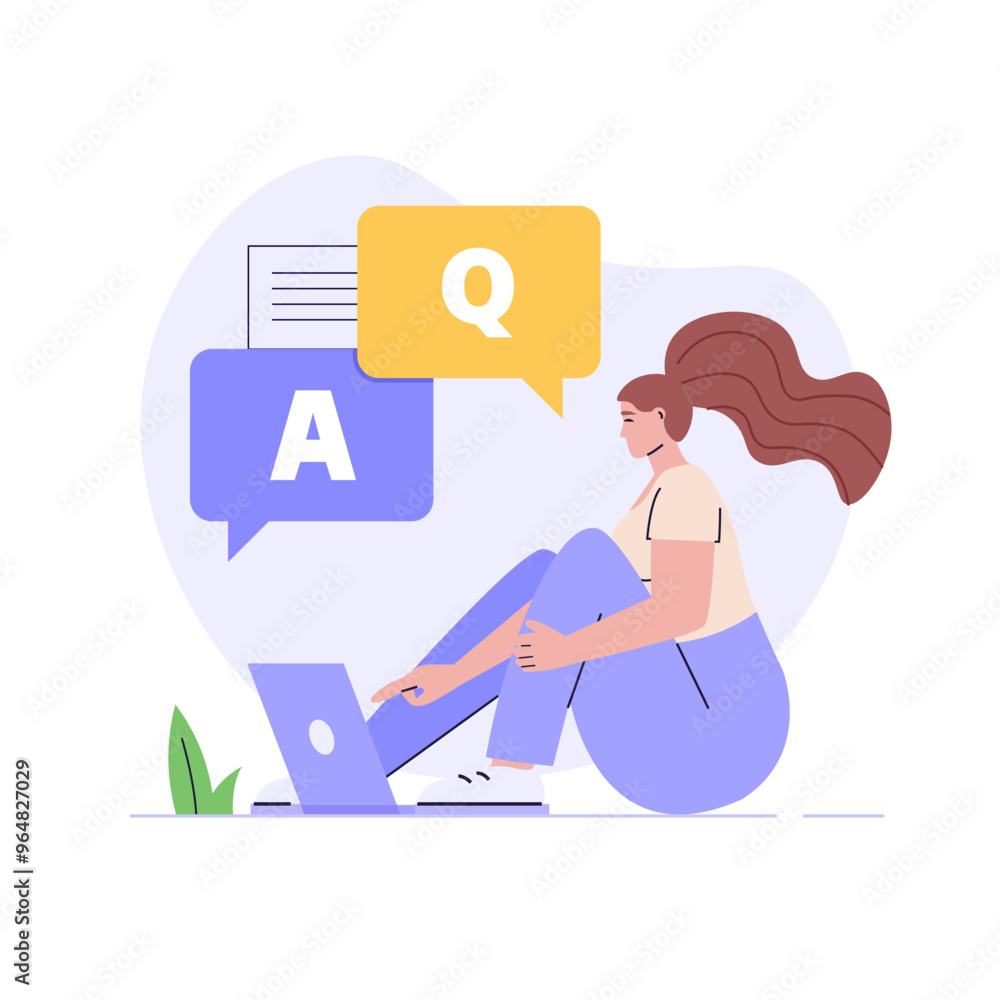 Woman asking question in support chat. Customer finding answer. Concept of customer guide, support chat, faq, questions and answers. Vector illustration flat design for banner, landing page template Woman asking question in support chat. Customer finding answer. Concept of customer guide, support chat, faq, questions and answers. Vector illustration flat design for banner, landing page template
