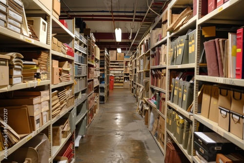 Rows of shelves are packed with brown folders and books, while the pathway is clear. The atmosphere is quiet, suggesting a place for research and organization.