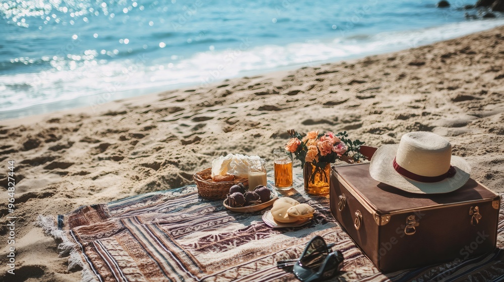 A picnic on the beach with a blanket, snacks, drinks, a hat, and a suitcase. A picnic on the beach with a blanket, snacks, drinks, a hat, and a suitcase.