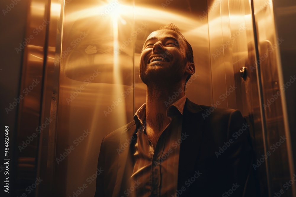 A person standing in an elevator with their eyes shut, possibly waiting for something or contemplating A person standing in an elevator with their eyes shut, possibly waiting for something or contemplating