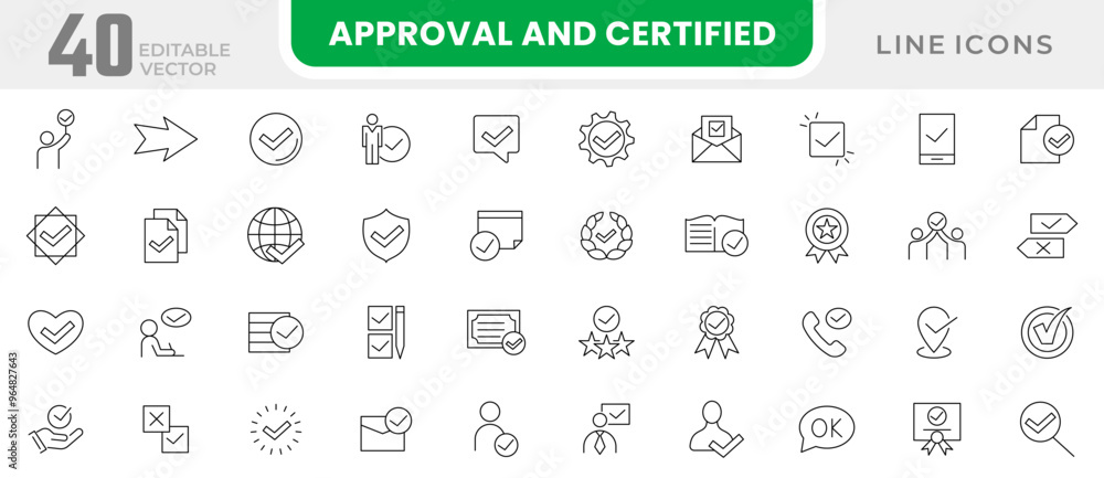 Approval and certified line icon collection. Approve, protection, certified, guarantee, accept, document, quality check, validation, confirmation, check list, checkmark icon set. UI outline icon pack Approval and certified line icon collection. Approve, protection, certified, guarantee, accept, document, quality check, validation, confirmation, check list, checkmark icon set. UI outline icon pack