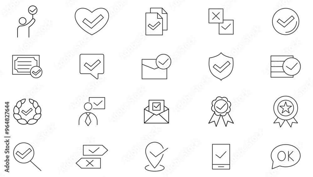 Approval and certified line icon collection. Approve, protection, certified, guarantee, accept, document, quality check, validation, confirmation, check list, checkmark icon set. UI outline icon pack Approval and certified line icon collection. Approve, protection, certified, guarantee, accept, document, quality check, validation, confirmation, check list, checkmark icon set. UI outline icon pack