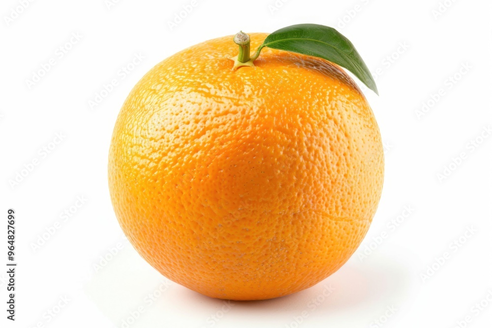 A juicy orange with a single leaf sitting on top A juicy orange with a single leaf sitting on top