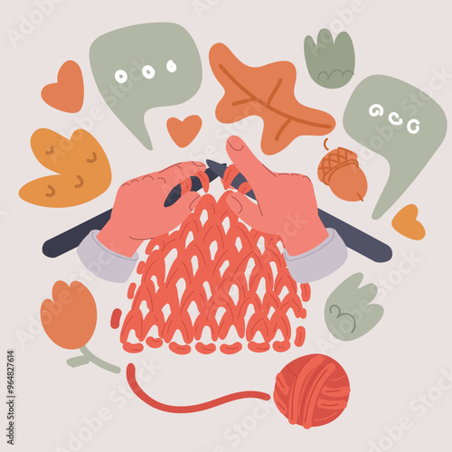 Cartoon Vector Illustration of Hands Knitting with Needles and Yarn, Hobby Concept