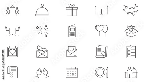 Event planning line icon collection. Wedding, entertainment, invitations, organization, management, decorations, venue, event planner, and coordination icon set. UI outline icon pack
