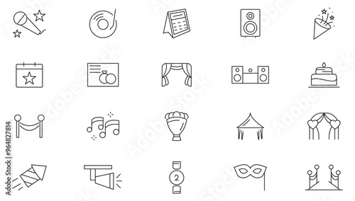 Event planning line icon collection. Wedding, entertainment, invitations, organization, management, decorations, venue, event planner, and coordination icon set. UI outline icon pack