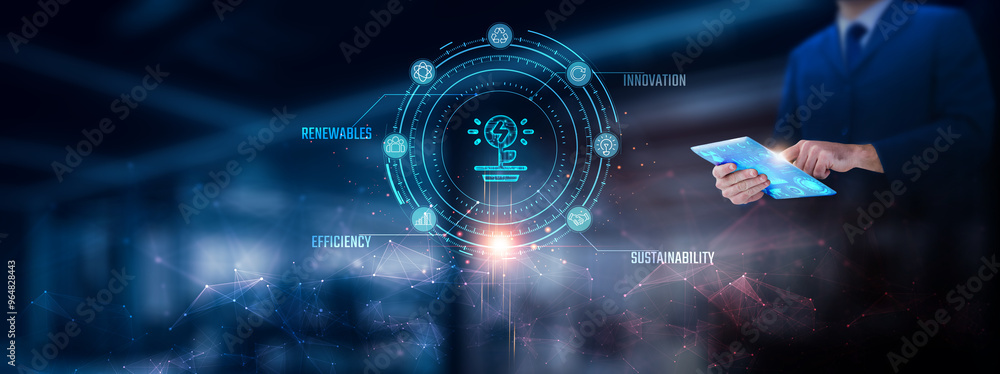 Obraz premium Energy Technology: Businessman using tablet analyzing energy technology record on tablet. Digital energy data and network connection on modern virtual screen interface, technology and network.
