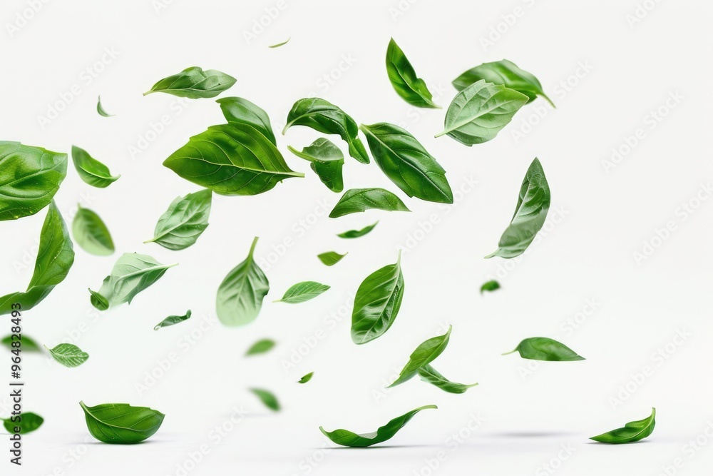 Naklejka premium A cluster of green leaves suspended in mid-air, as if blown by wind