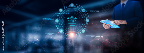 Energy Technology: Businessman using tablet analyzing energy technology record on tablet. Digital energy data and network connection on modern virtual screen interface, technology and network.