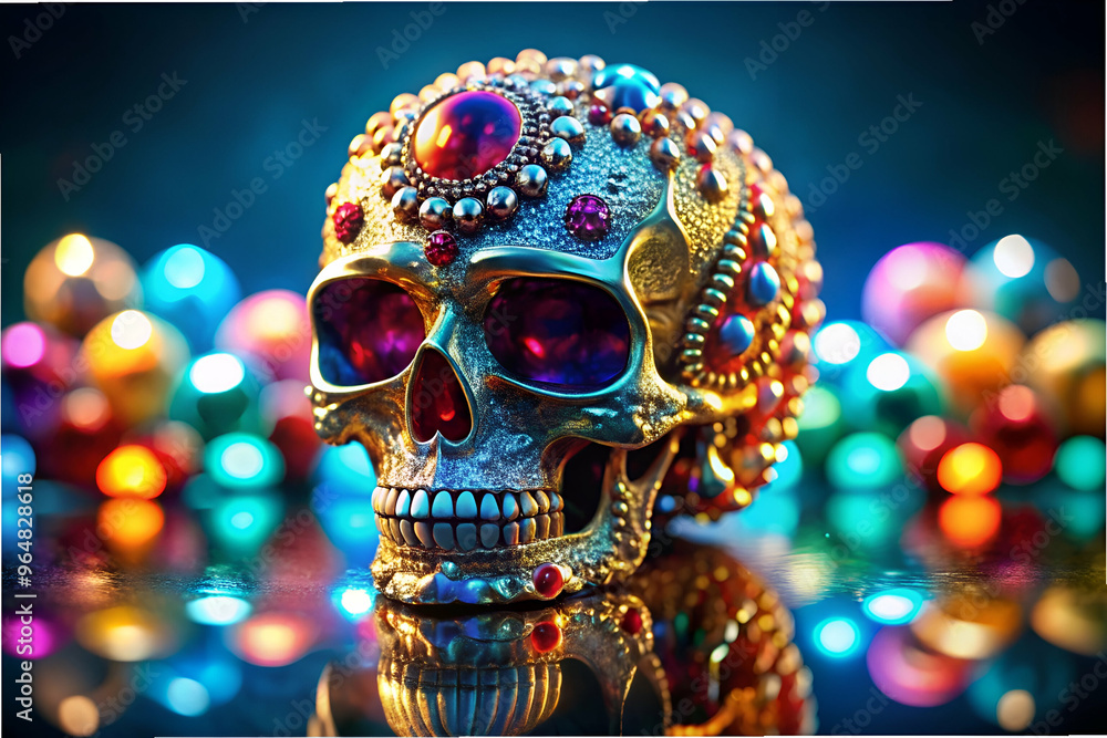 A skull with jewels and beads on it is surrounded by colorful balls. The skull is the main focus of the image, and the colorful balls create a contrast between the dark and light colors A skull with jewels and beads on it is surrounded by colorful balls. The skull is the main focus of the image, and the colorful balls create a contrast between the dark and light colors