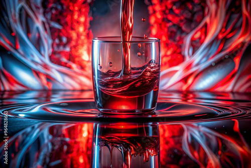 A glass of red liquid is pouring out of a glass, creating a splash. The image has a surreal and dreamlike quality, with the red liquid appearing to be flowing like a river photo