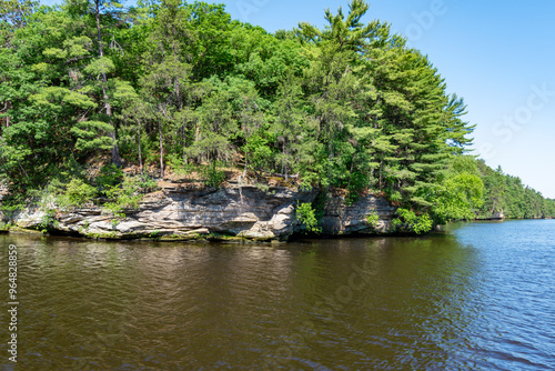 The Cambrian sandstone bluffs along the Wisconsin River in the Wisconsin Dells.