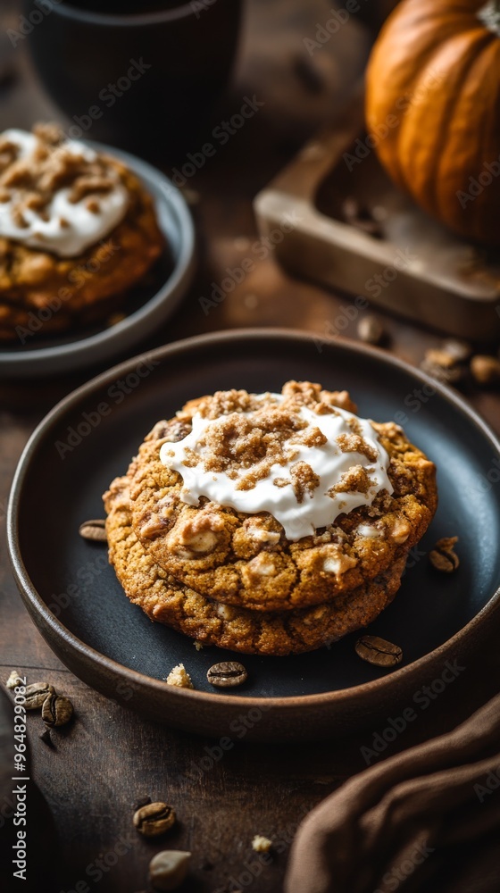 Close-up of pumpkin cookies seen from above on a breakfast table. Juicy pumpkin cookies on a table. Close-up of pumpkin cookies seen from above on a breakfast table. Juicy pumpkin cookies on a table.