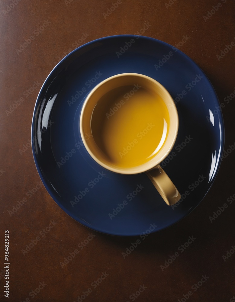 Yellow cup on blue plate, top view Yellow cup on blue plate, top view