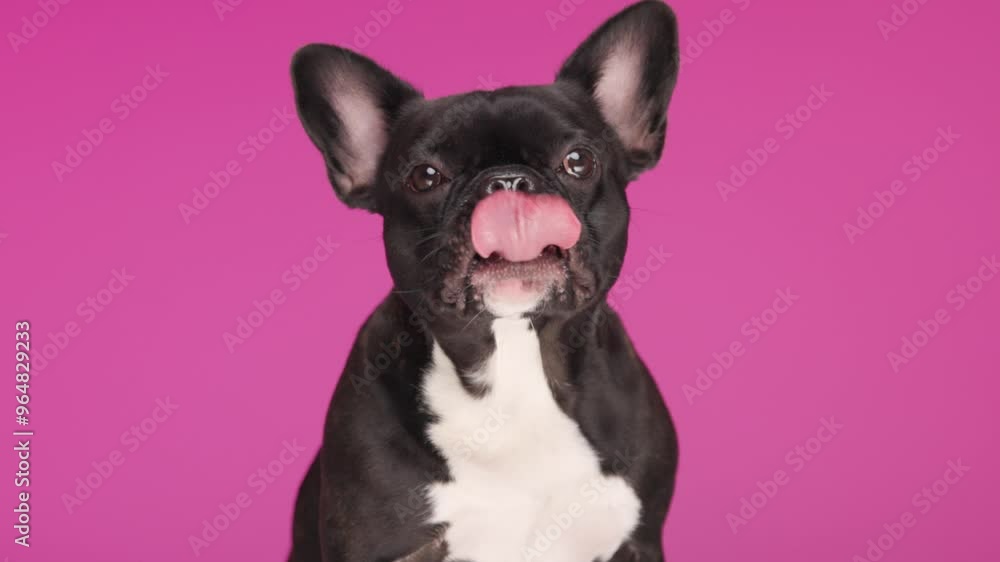 project video of beautiful French bulldog dog with tongue out licking nose and looking up and side on pink background project video of beautiful French bulldog dog with tongue out licking nose and looking up and side on pink background