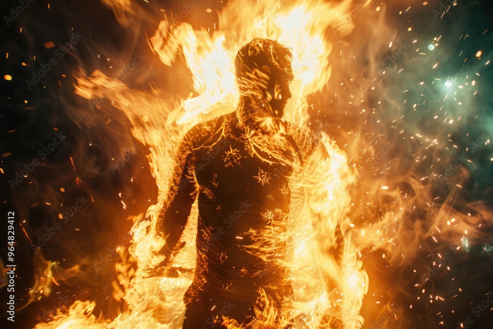 A person standing near a burning flame, possibly warm or seeking warmth A person standing near a burning flame, possibly warm or seeking warmth