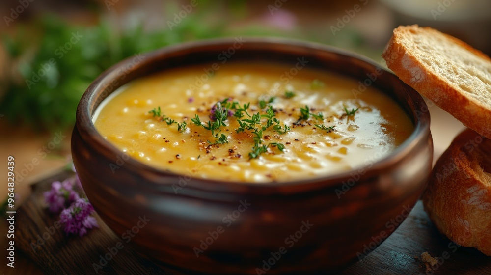 Steaming Chicken Broth with Fresh Parsley on Rustic Table Steaming Chicken Broth with Fresh Parsley on Rustic Table